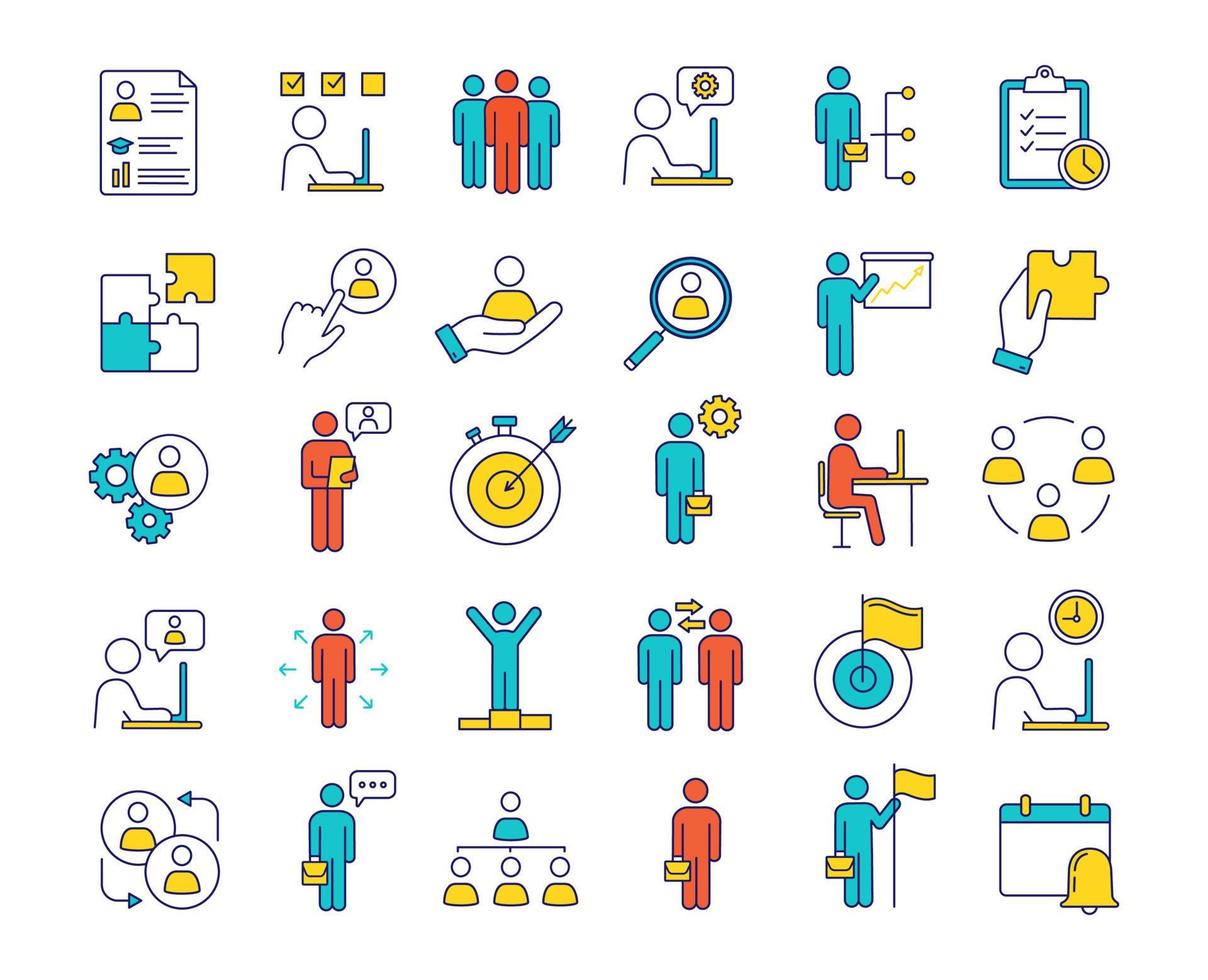 Business management color icons set. Headhunting and HR management. Teamwork and leadership. Business development. Isolated vector illustrations