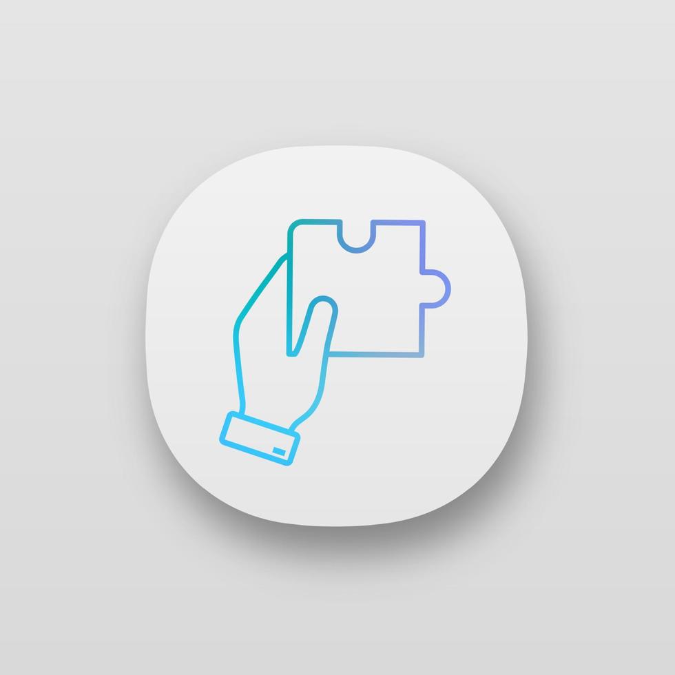 Finding solution app icon. UI UX user interface. Problem solving. Teamwork. Hand holding puzzle. Web or mobile application. Vector isolated illustration
