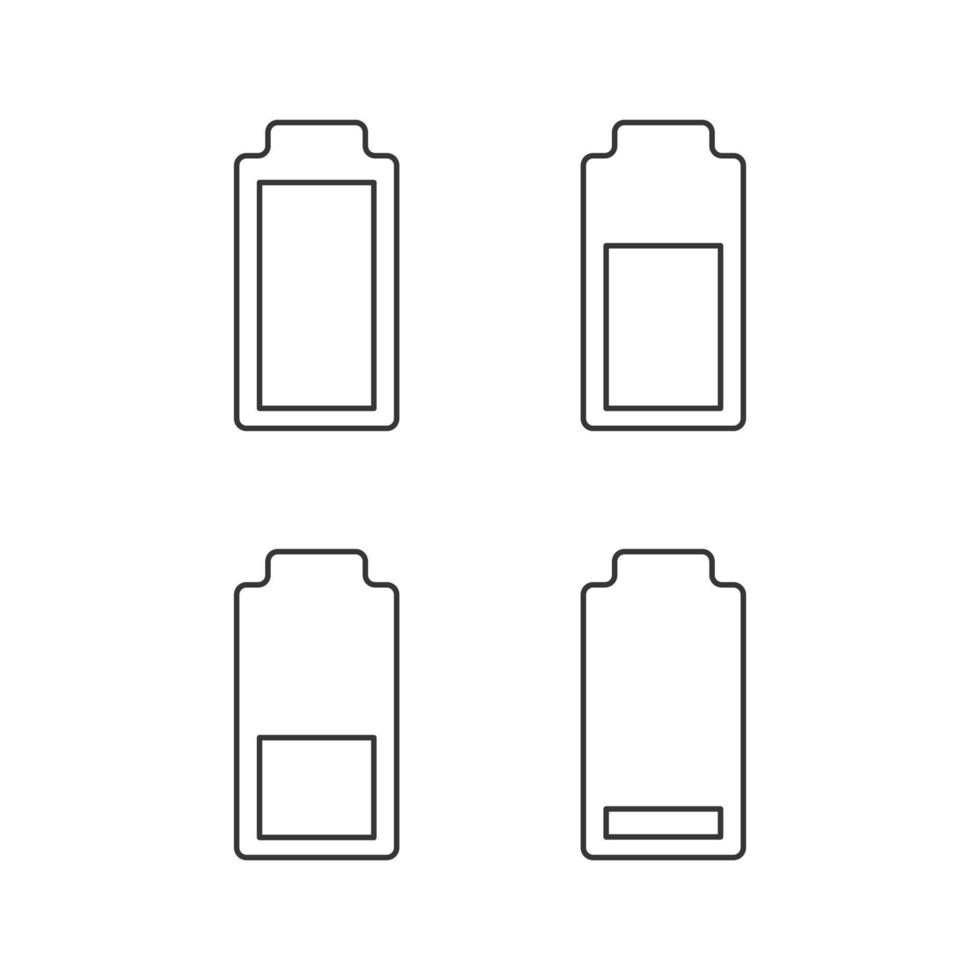 Battery charging linear icons set. Battery level indicators. Low, middle and high charge. Thin line contour symbols. Isolated vector outline illustrations. Editable stroke