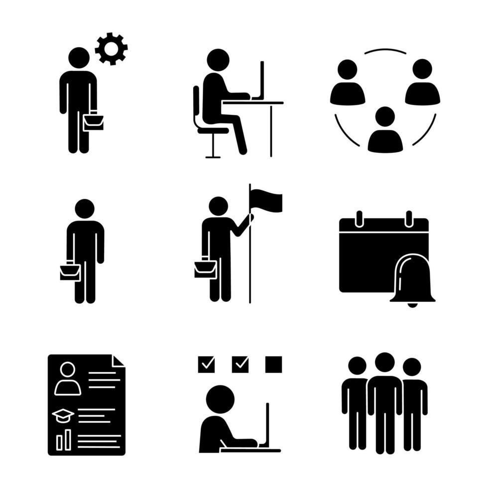 Business management glyph icons set. Manager, office, partnership, businessman, goal achieving, reminder, resume, task solving, team. Silhouette symbols. Vector isolated illustration