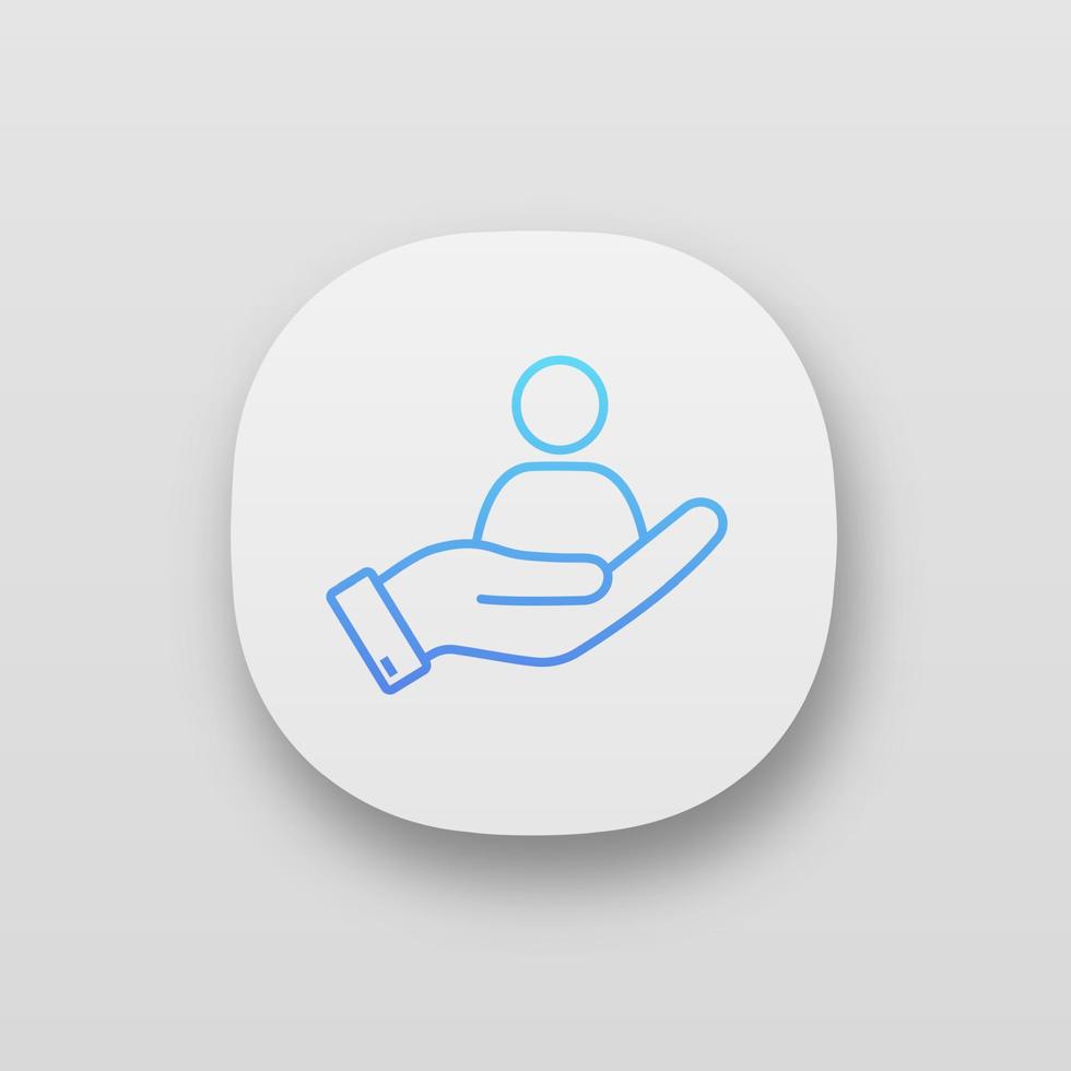 HR management app icon. UI UX user interface. Staff hiring. Employment. Recruitment service. Hand with person. Web or mobile application. Vector isolated illustration