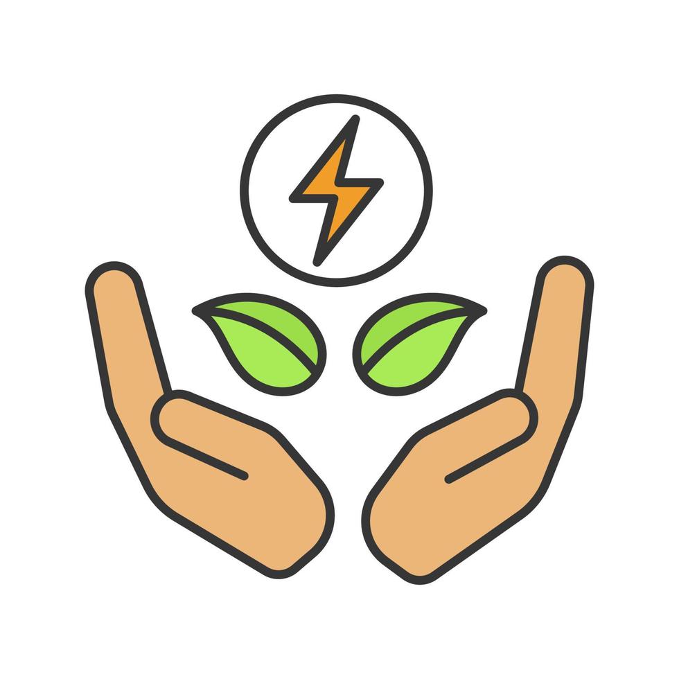 Clean energy color icon. Eco power. Renewable resources. Green energy. Lightning bolt and leaves in hands. Isolated vector illustration