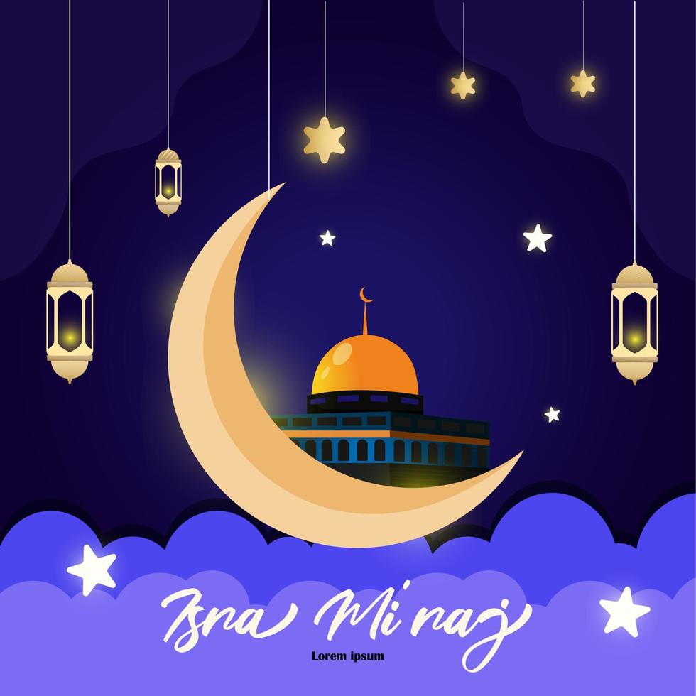 isra miraj vector illustration with lantern, moon light, and aqsa mosque.