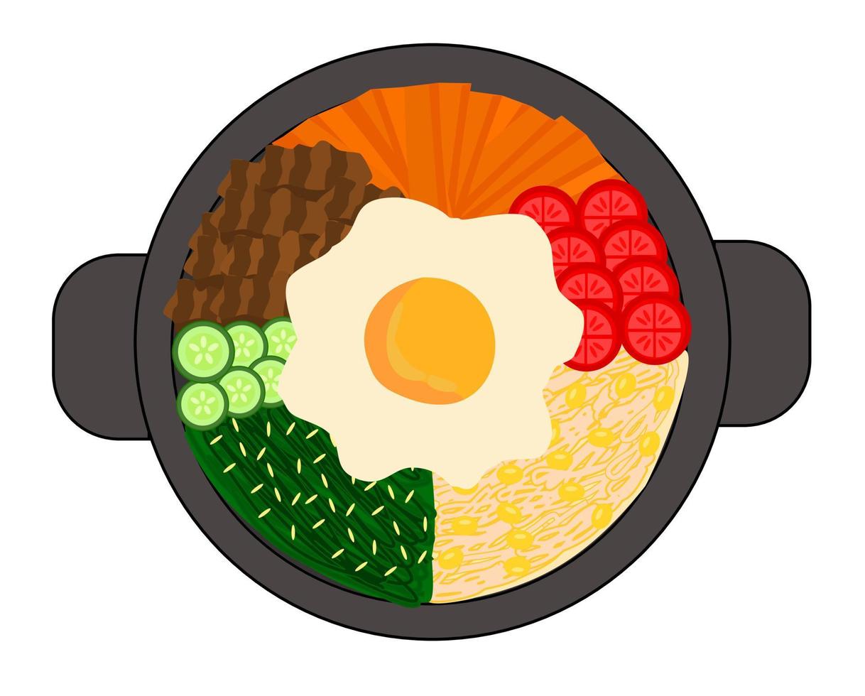 Korean traditional food bibimbap or or bi bim bop.Korea concept.Clip art for restaurants, menus, or recipes.Hand drawn or doodle.Sign, symbol, icon or logo isolated.Cartoon vector illustration.