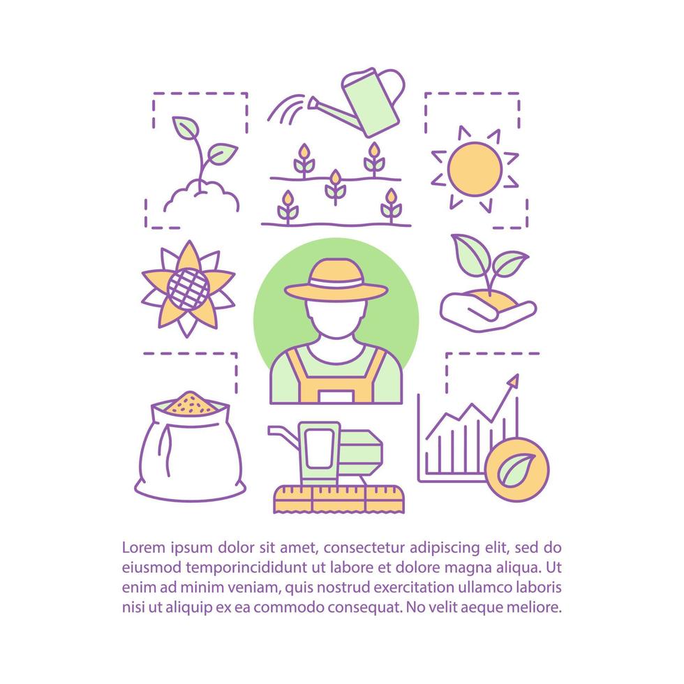 Organic farming concept linear illustration. Agriculture. Article, brochure, magazine page template. Ecological products. Eco friendly farming. Thin line icons with text boxe. Vector isolated drawing