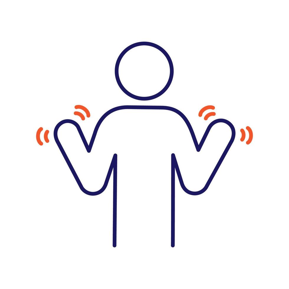 Hands tremor color icon. Parkinson's disease. Shaky hands. Anxiety tremor. Muscle twitching. Trembling. Physiological stress symptoms. Isolated vector illustration