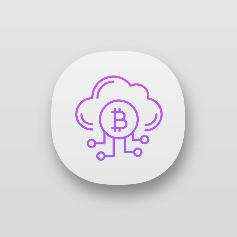 Cryptocurrency cloud mining service app icon. UI UX user interface. Bitcoin crypto mining. Cryptocurrency business. Cloud with bitcoin. Contour symbol. Web or mobile application vector
