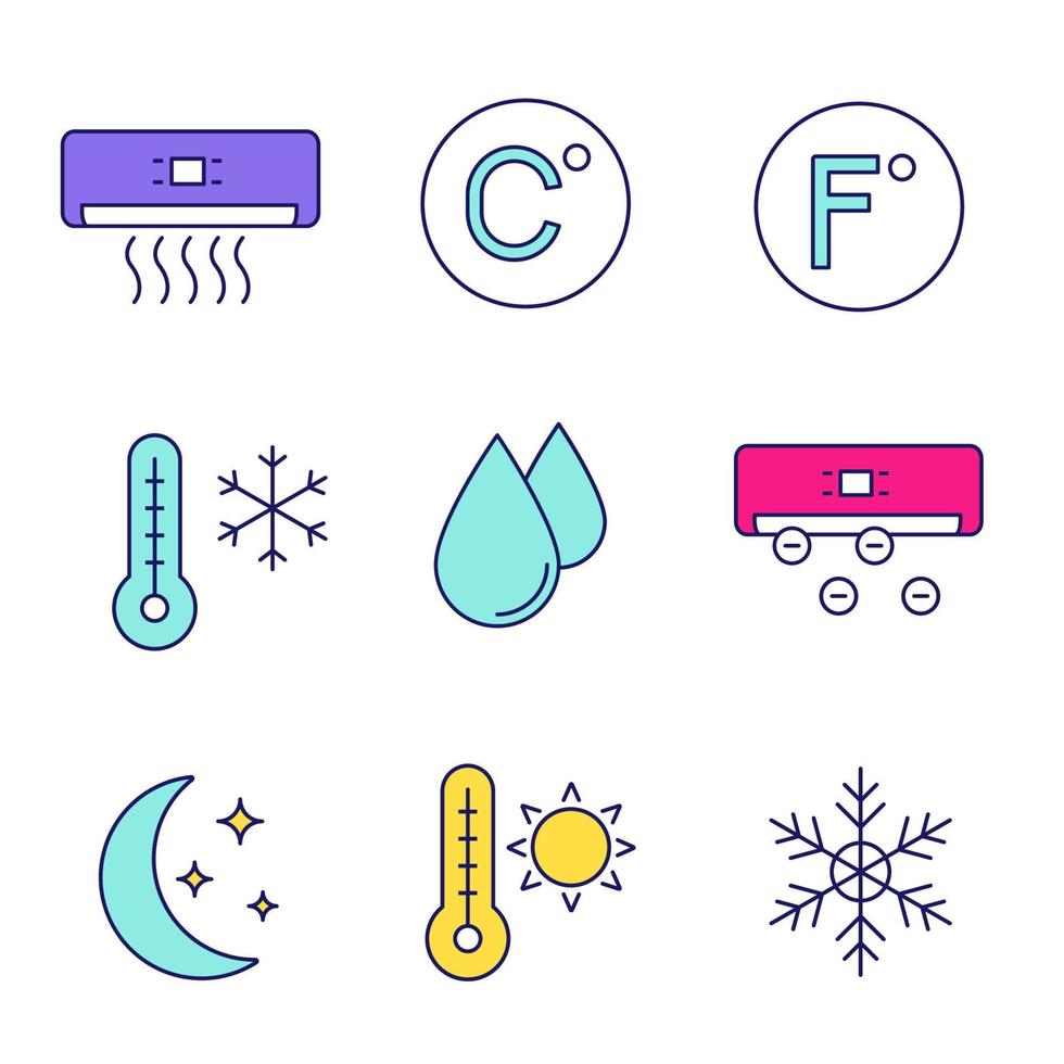 conjunto de iconos de color de aire acondicionado. acondicionador, celsius, fahrenheit, temperatura de invierno y verano, gota de agua, ionizador, modo nocturno, copo de nieve. ilustraciones de vectores aislados