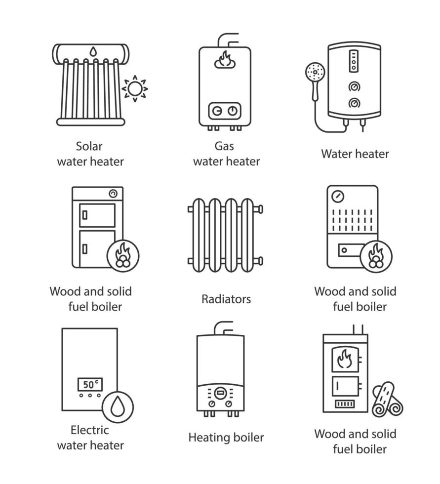 Heating linear icons set. Boilers, radiators, water heaters. Gas, electric, solid fuel, pellet, solar boilers. Isolated vector outline illustrations. Editable stroke