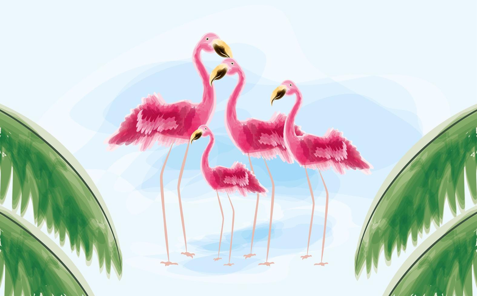 flamencos tropicales y hojas vector