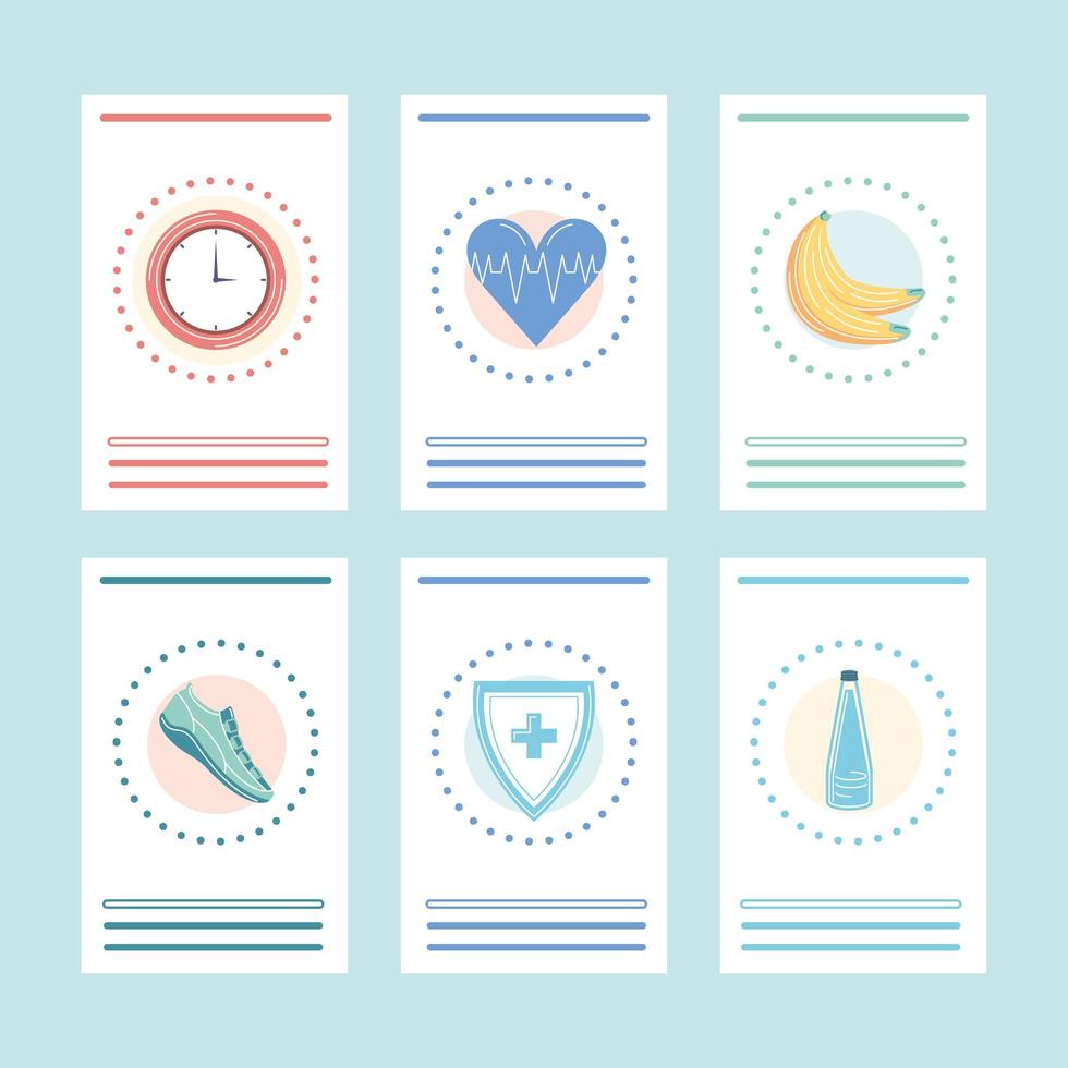 healthy lifestyle cards icons vector