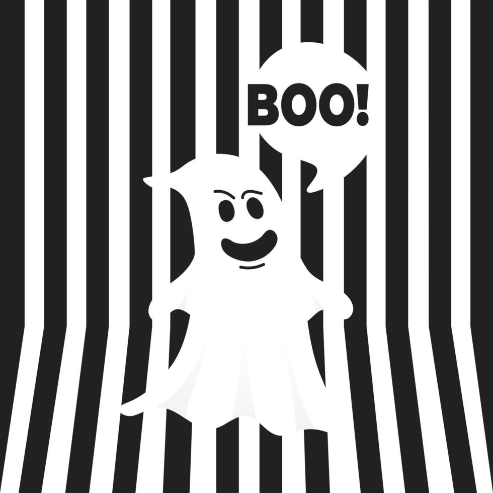 concepto de mensaje de halloween fantasma boo. volando halloween divertido personaje fantasma espeluznante decir boo con espacio de texto en la ilustración de vector de burbuja de voz aislado sobre fondo de rayas negras.