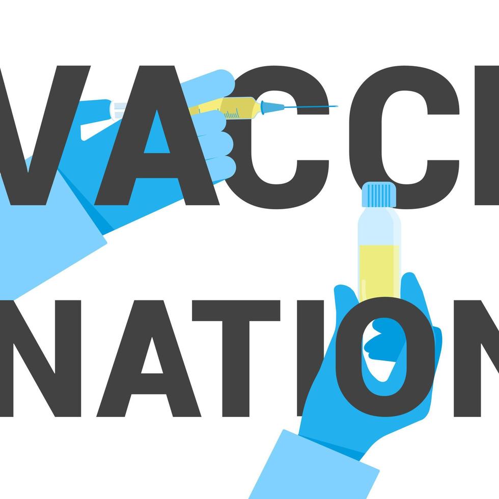 Doctor vaccinating patient with shot of vaccine by syringe, sharp needle and text vaccination concept for hospitals and human healthcare flat style vector illustration isolated on white background.