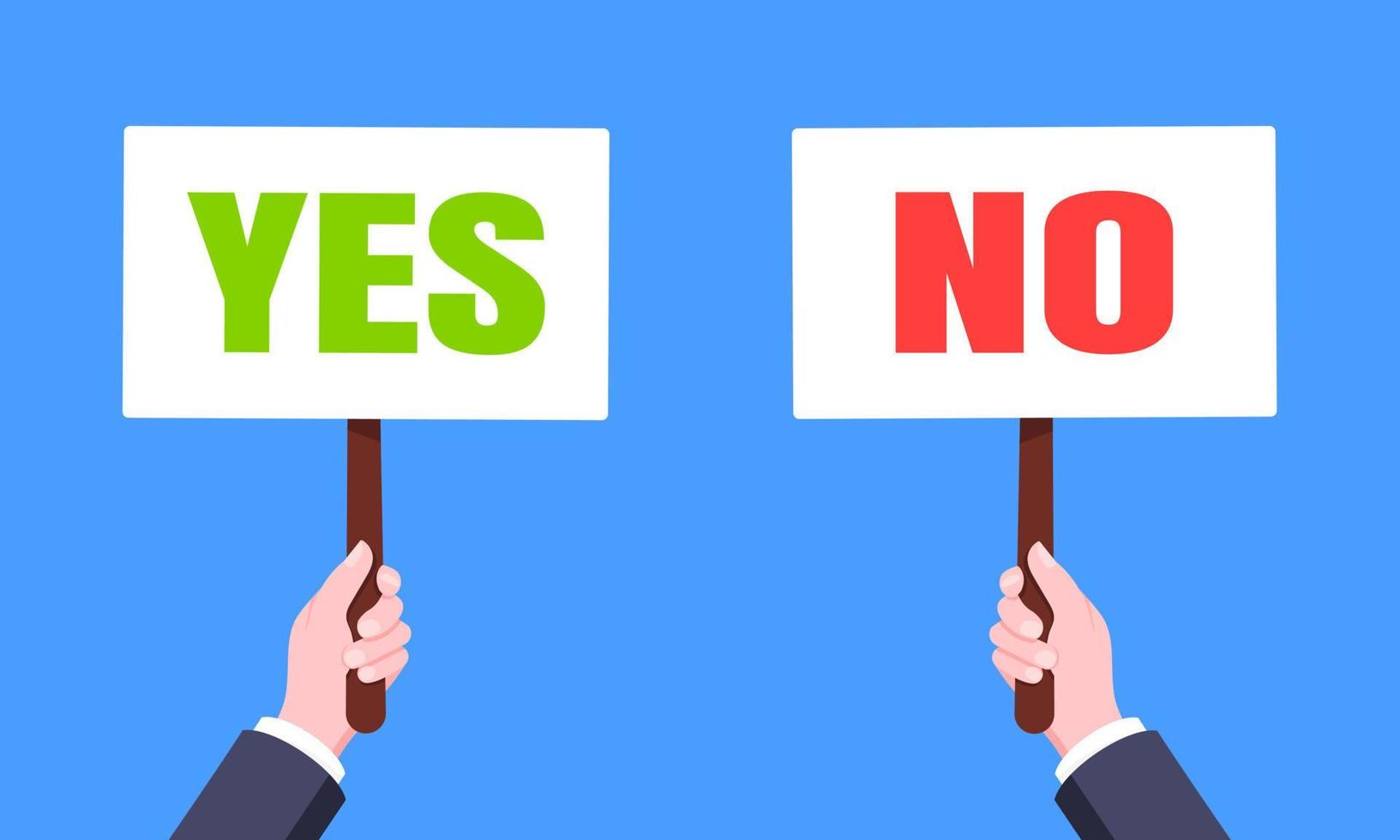 Hands hold yes and no words banner plate business concept flat style design vector illustration.