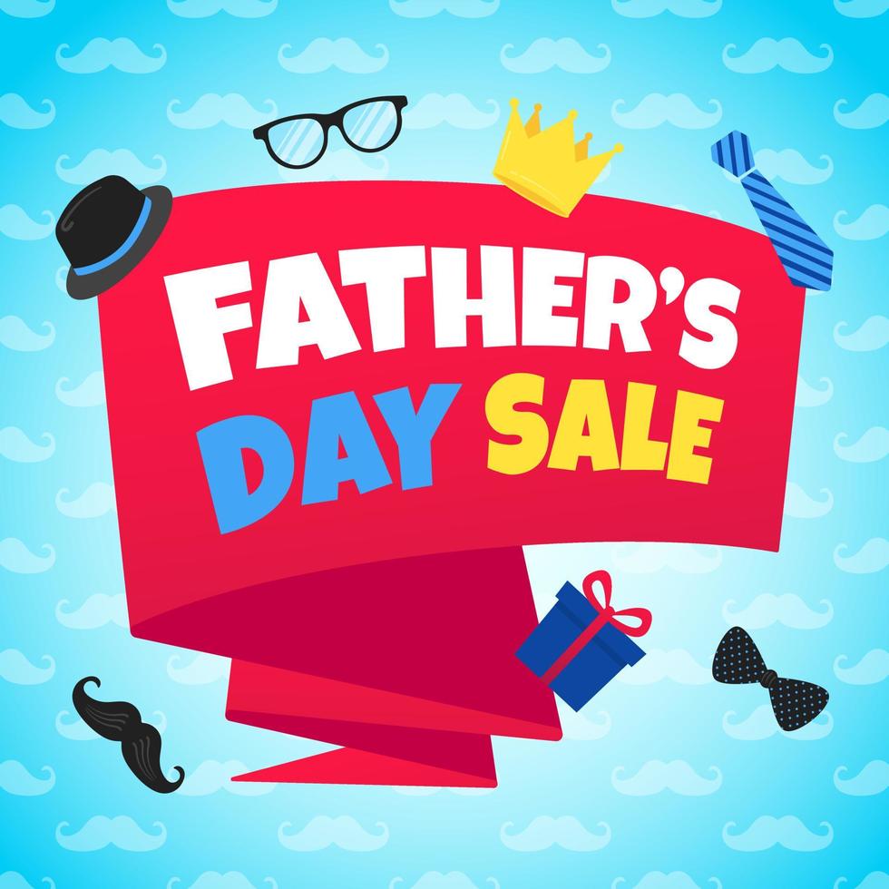 Father's day sale concept template flat style design vector illustration with big ribbon, text typography, gift boxes, hat, golden crown, mustaches, tie bow eye glasses and funny background.