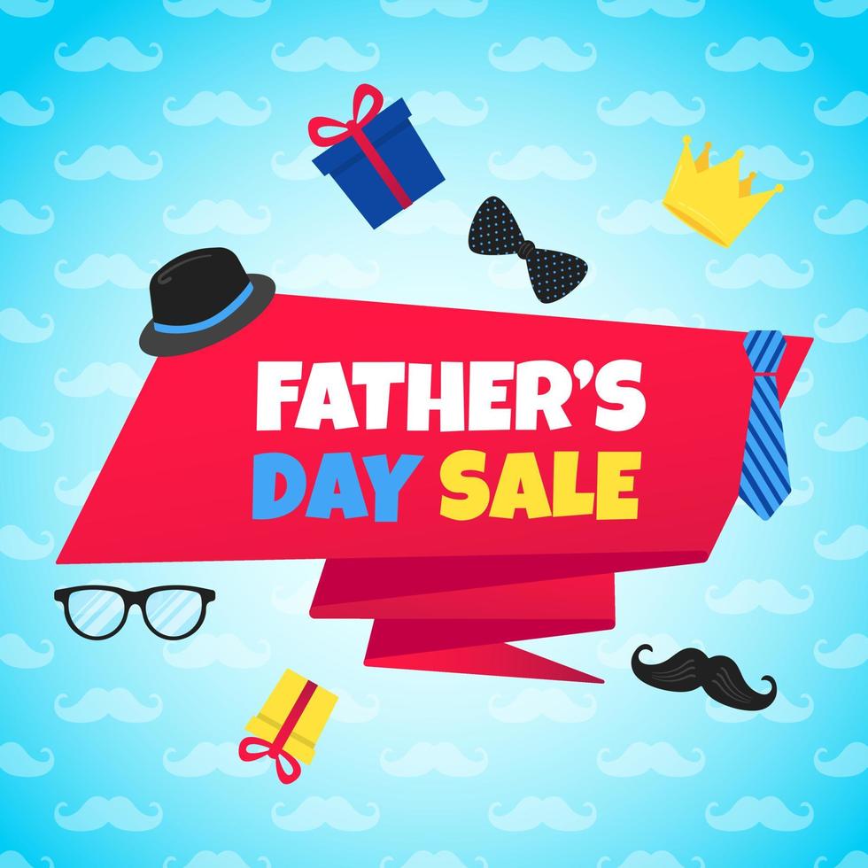 Father's day sale concept template flat style design vector illustration with big ribbon, text typography, gift boxes, hat, golden crown, mustaches, tie bow eye glasses and funny background.