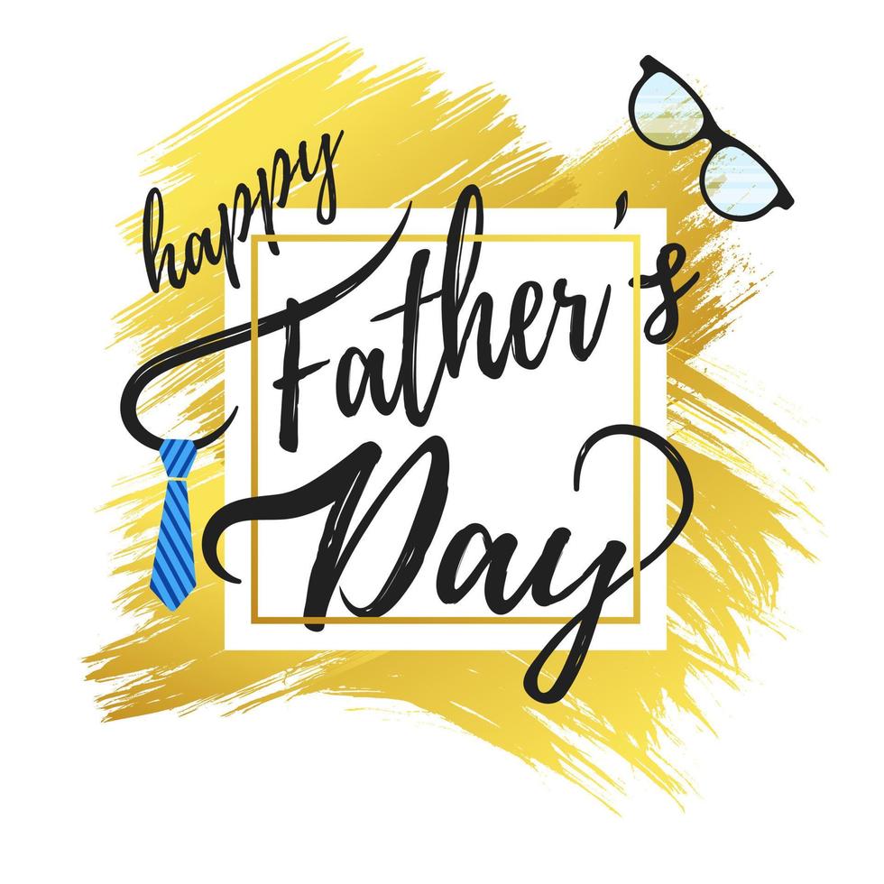 Happy Father's day postcard flat style design vector illustration isolated on white background. Lettering words, glasses, crown, brush stroke, tie and mustaches - symbols of super dad.