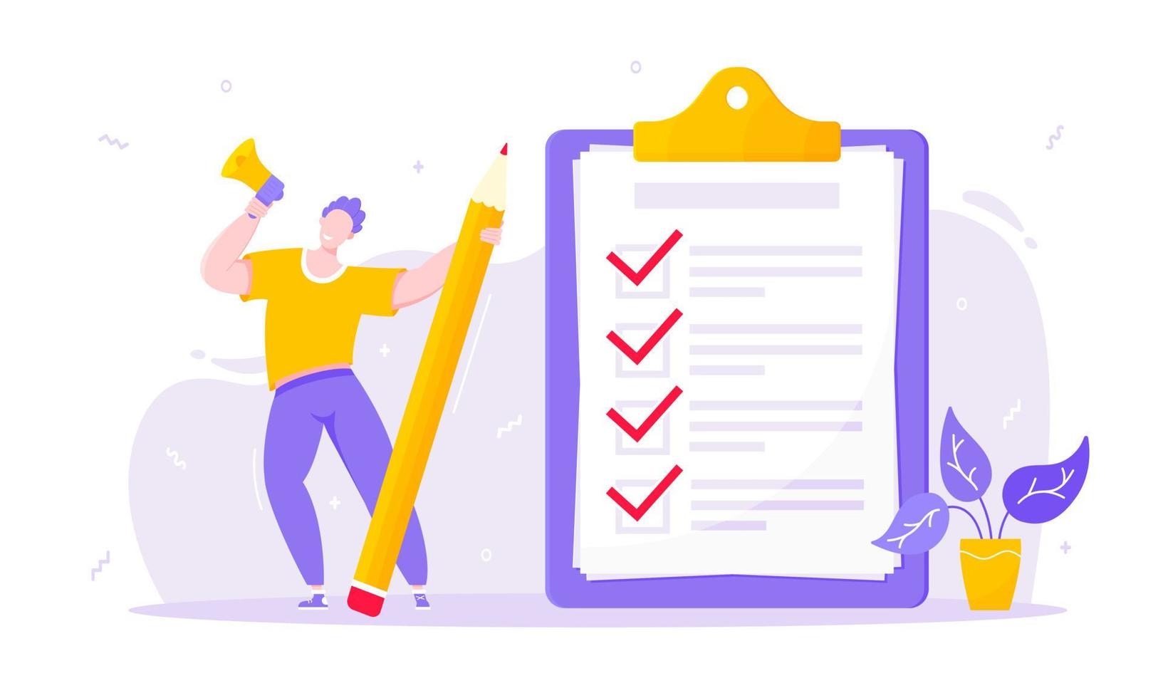 Task done busines concept with tiny person with megaphone and pencil nearby giant clipboard with complete checklist. vector