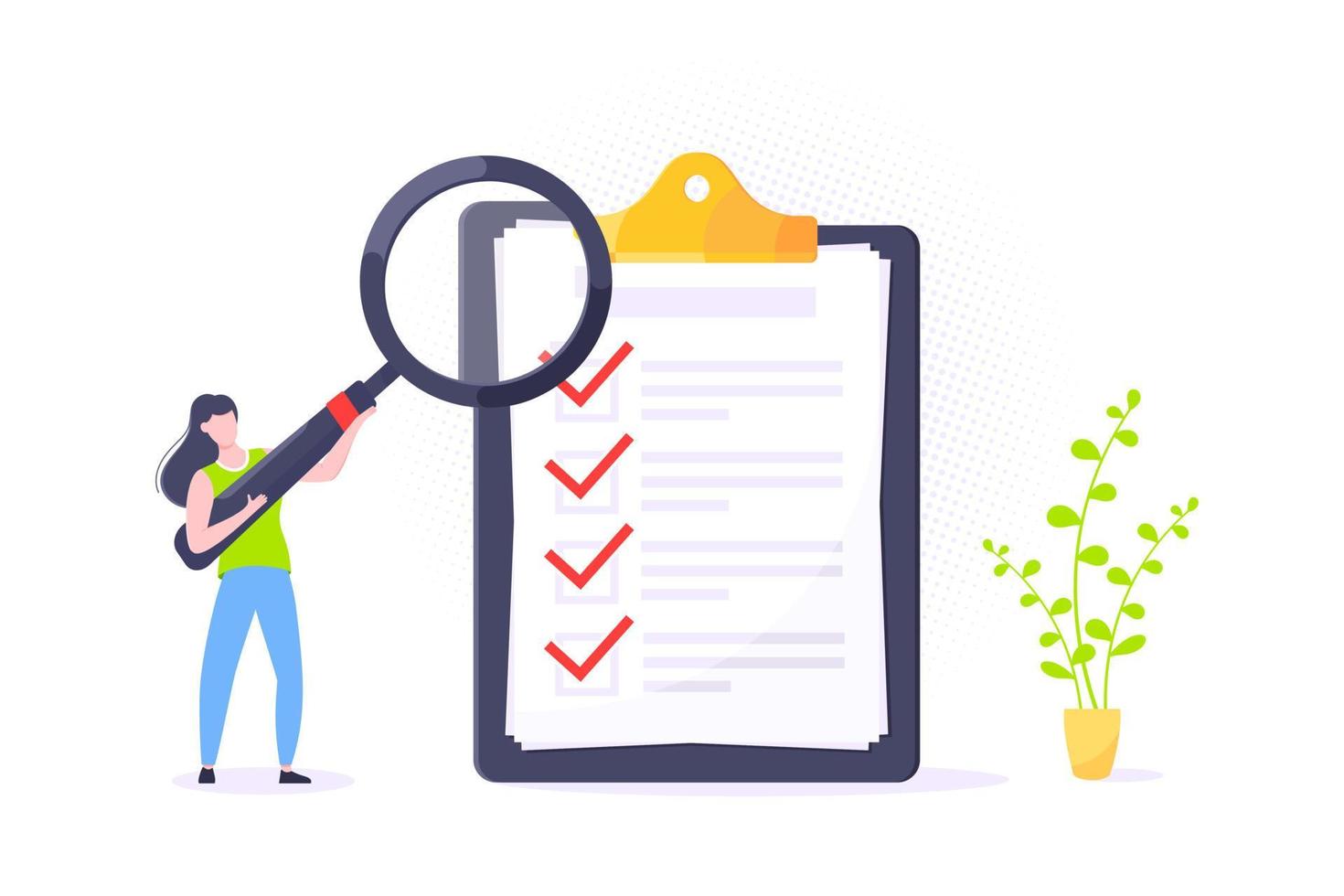 Checklist complete business concept tiny person with megaphone, magnifying glass nearby giant clipboard. vector