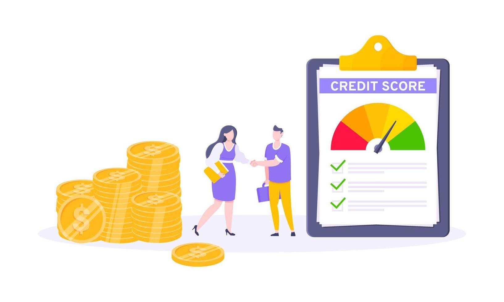 Credit score report with arrow gauge speedometer indicator with color levels on giant clipboard. vector