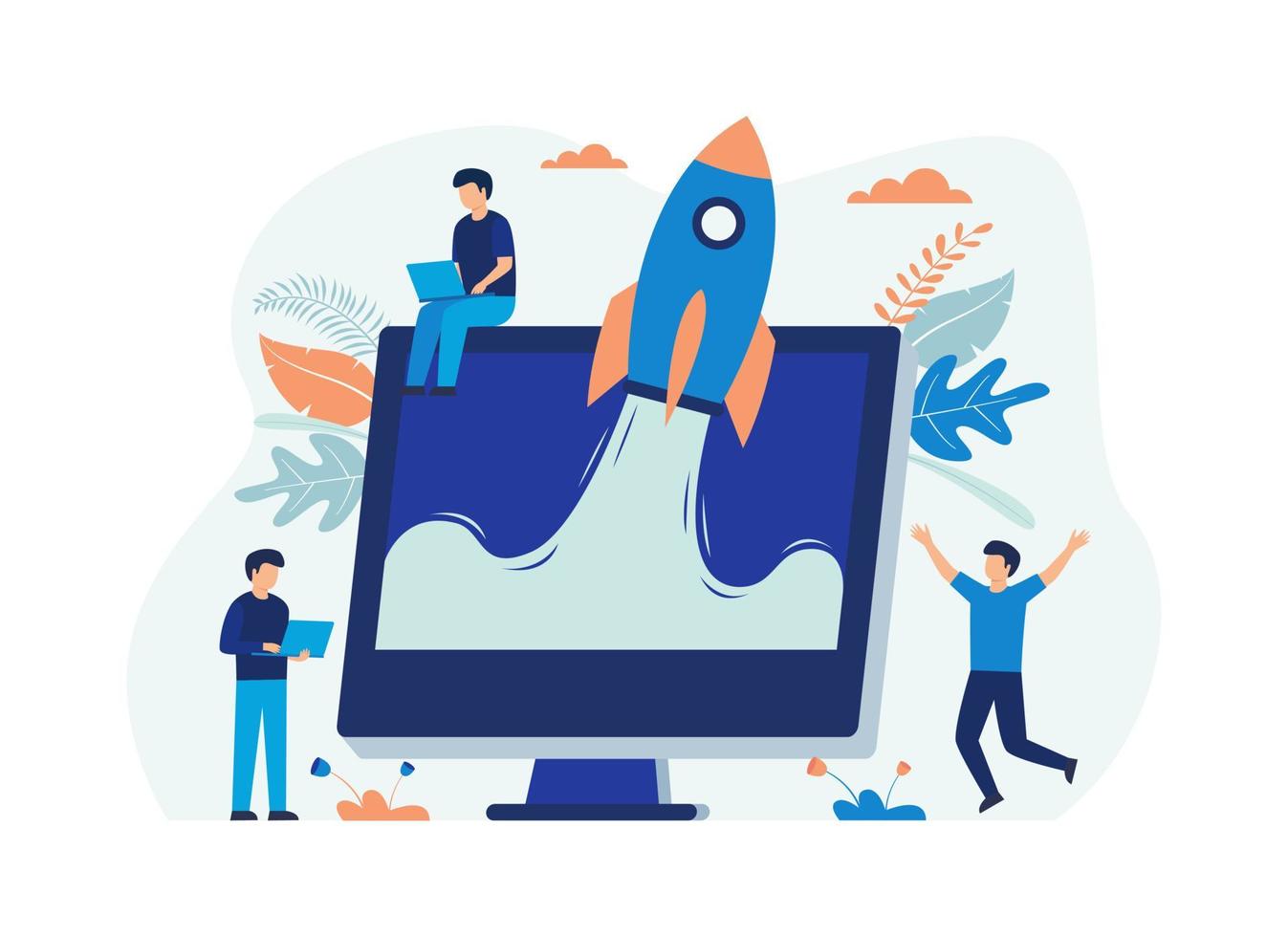 Illustration concept of Business Startup. business, rocket, businessman, computer, people. Flat illustration vector suitable for many purposes.