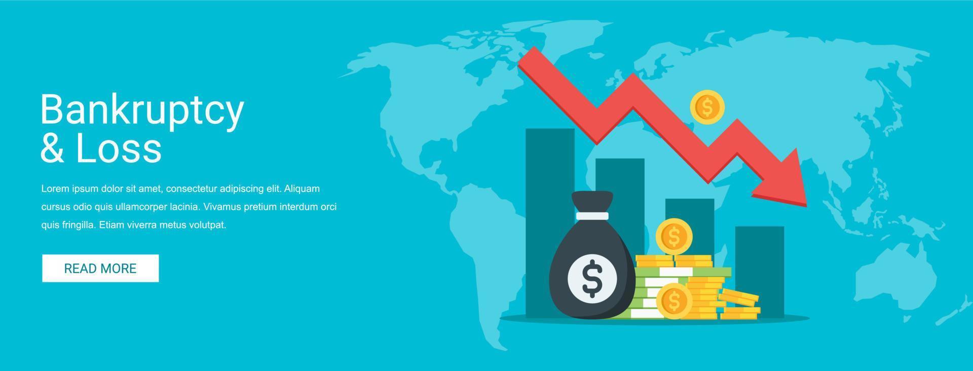 Bankruptcy and loss vector illustration banner concept in flat style. Suitable for web banners, social media, postcard, presentation and many more.