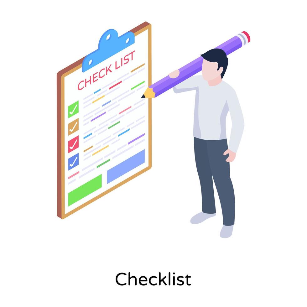 Person standing with clipboard, concept of checklist isometric illustration vector