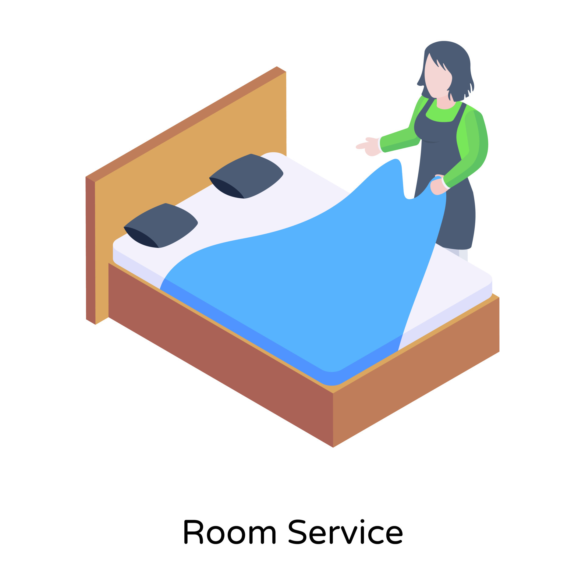 Girl changing bed sheet, concept of room service isometric illustration