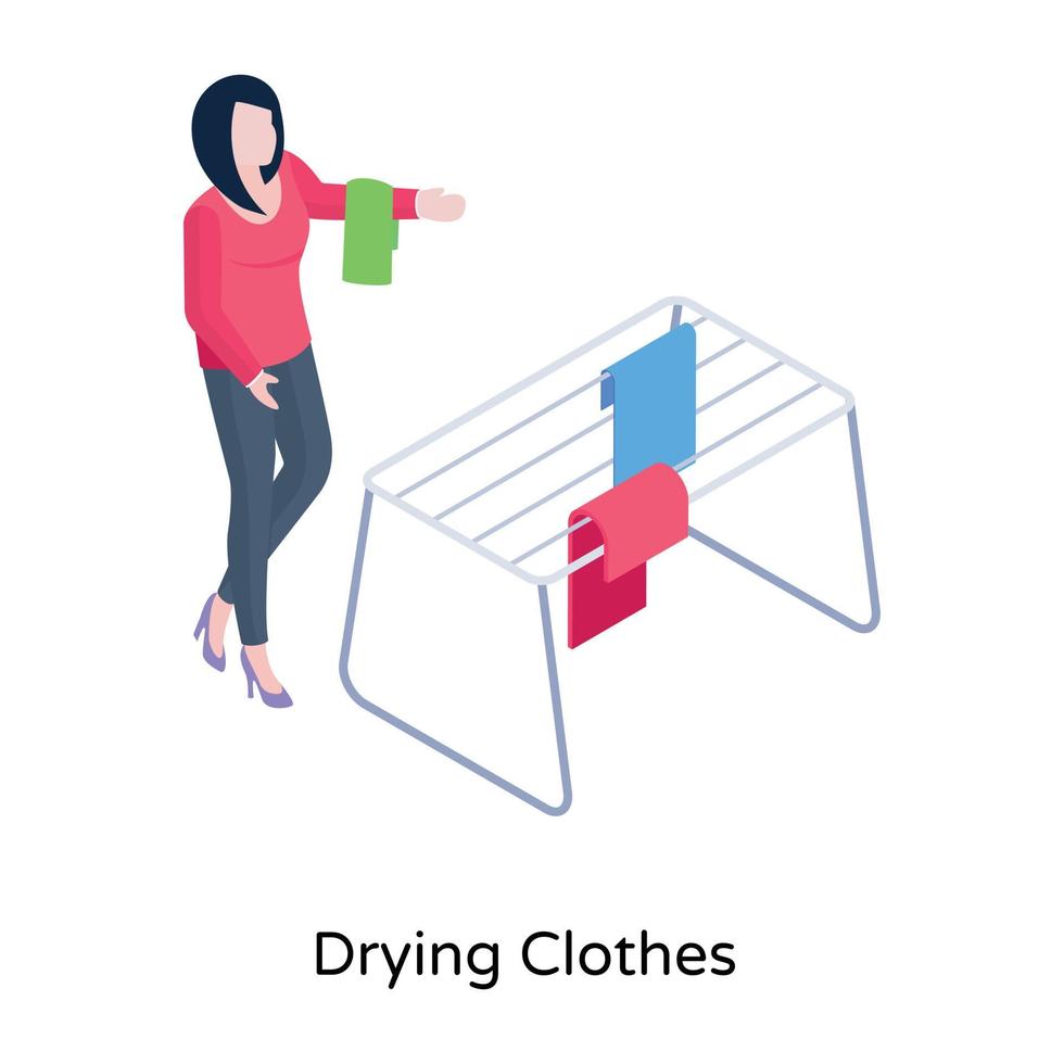 Girl drying clothes, isometric icon with editable facility vector