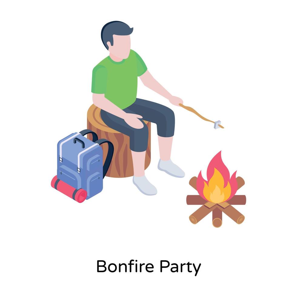 Boy sitting in front of fire, isometric icon of bonfire party vector