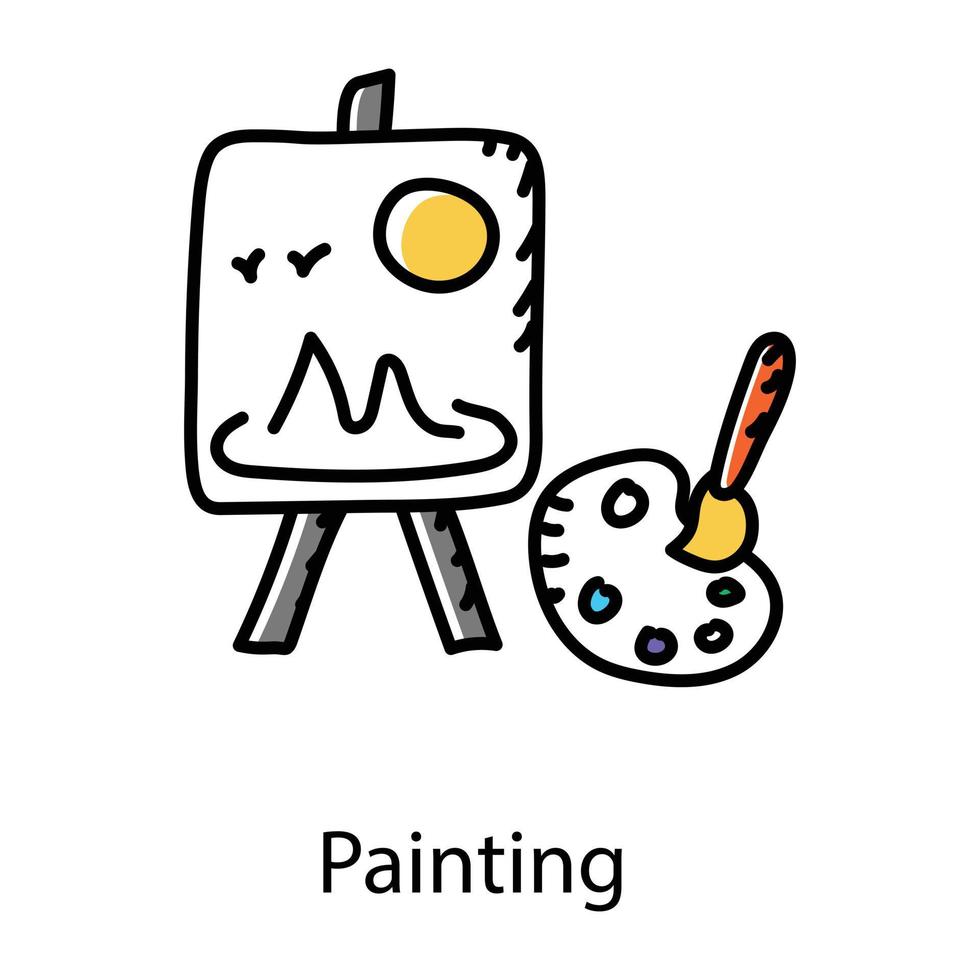 paleta de colores y lienzo que denota pintura en el icono del garabato vector