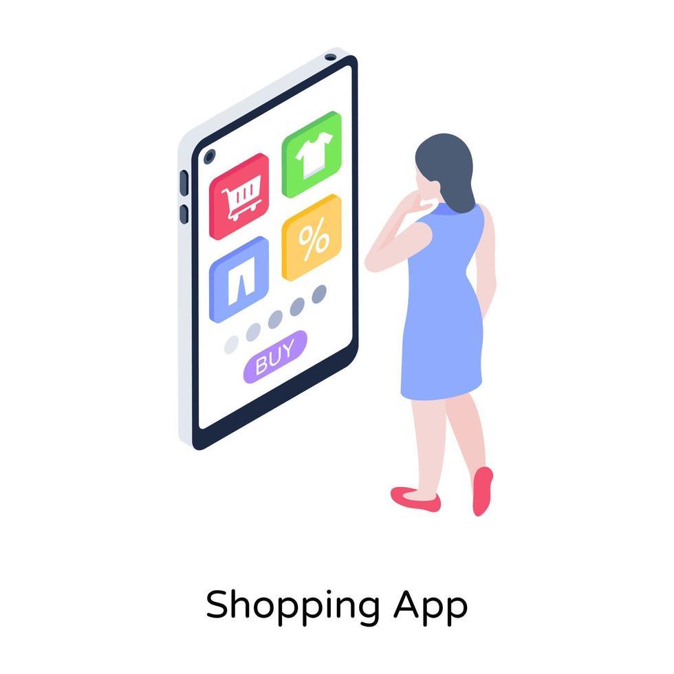 una dama haciendo compras móviles, descarga de ilustración isométrica vector