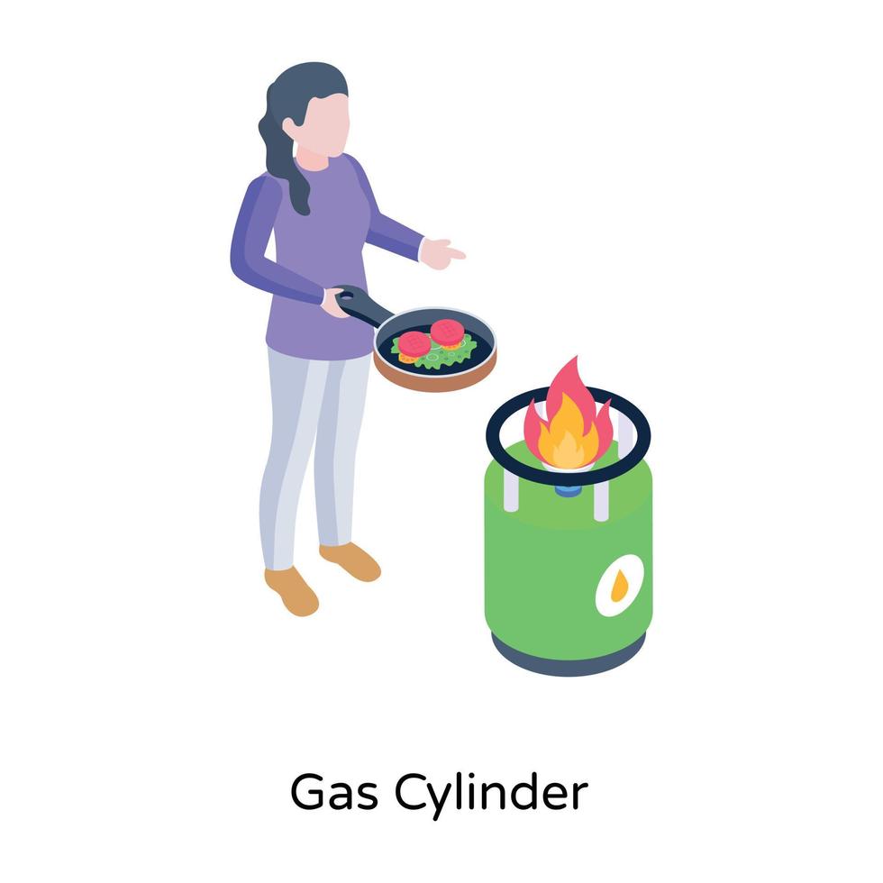 chica cocinando en cilindro de gas, icono isométrico vector