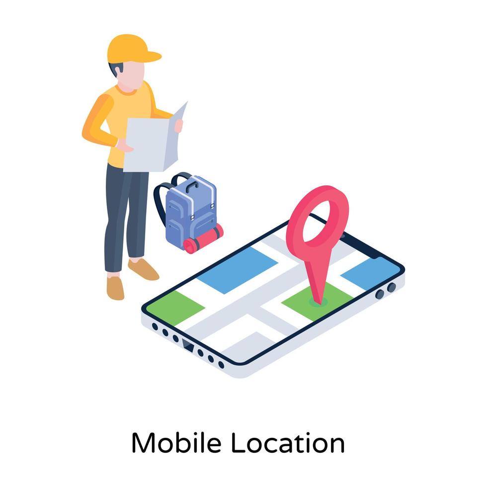 Person navigating on phone, isometric icon of mobile location vector
