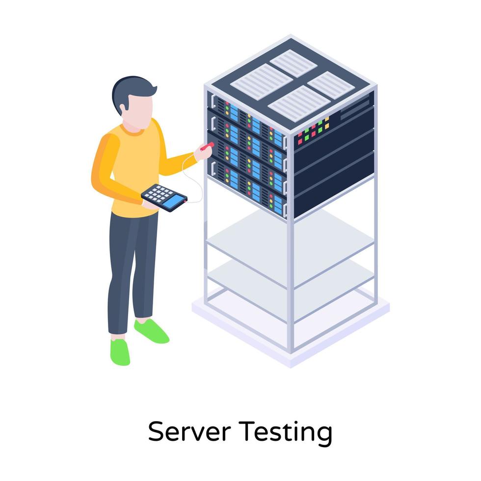 persona con rack de servidor, icono isométrico de prueba de servidor vector
