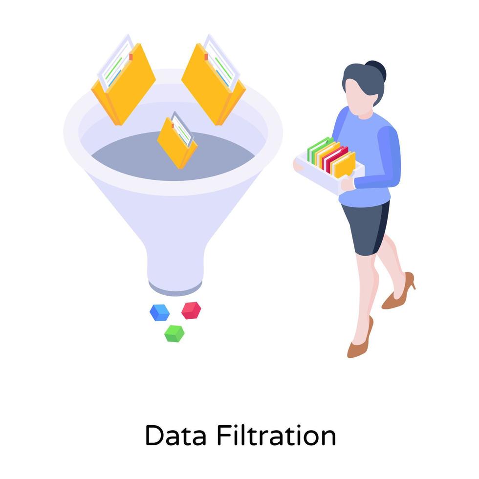 Folders with funnel, isometric icon of data filtration vector