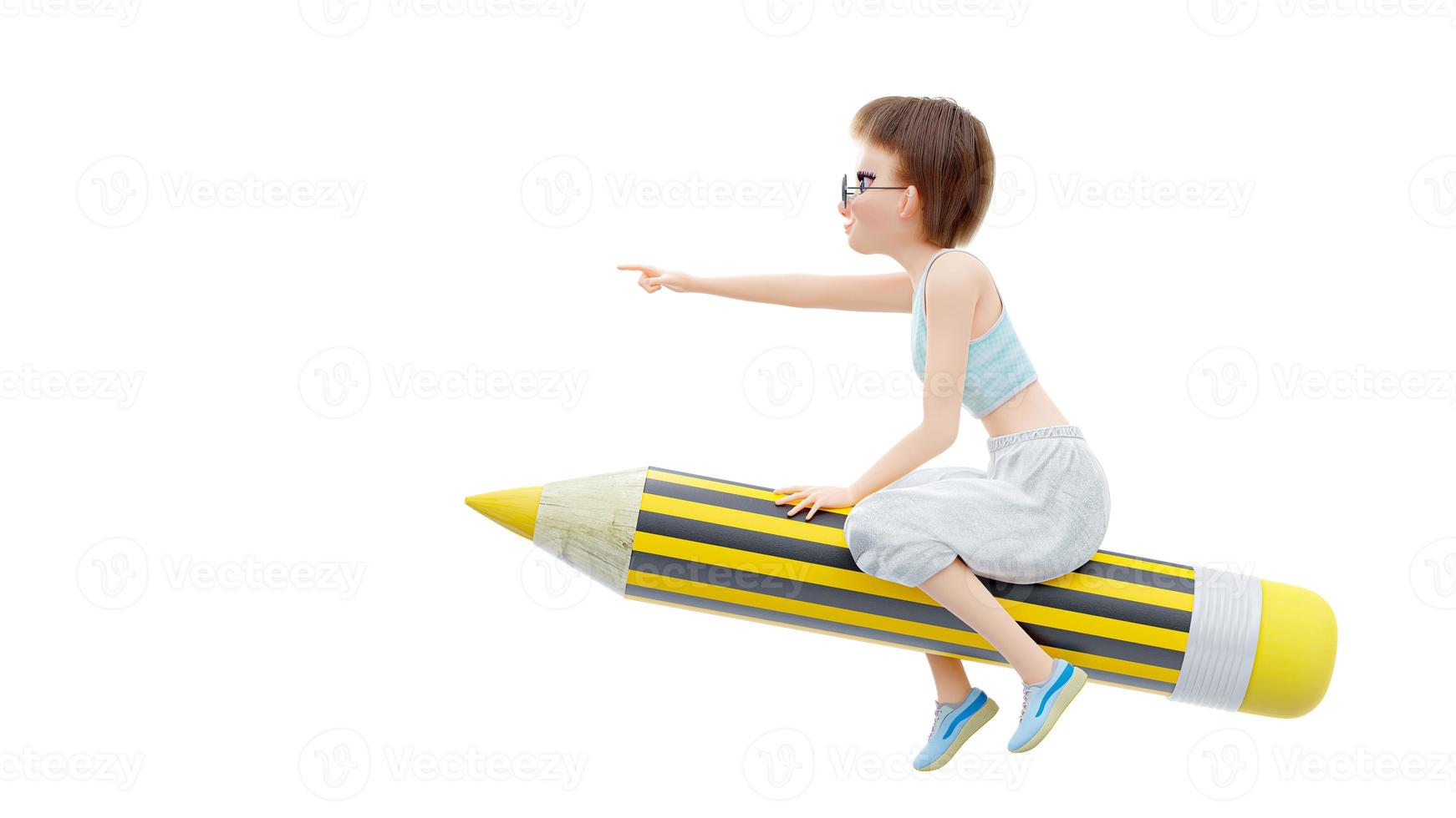 Little girl student is riding yellow pencil on white cloud. determined expression face and white background. 3d render. photo