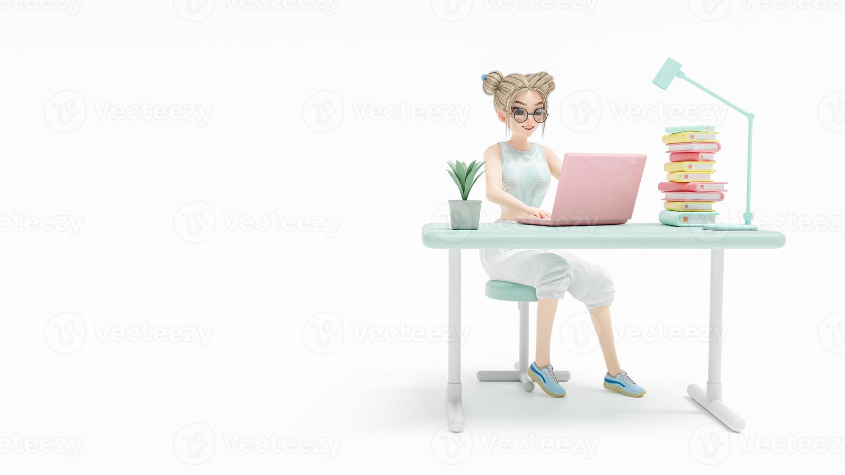 mujer joven feliz sentada en la silla. disfruta estudiando, aprendiendo e investigando información de la computadora. la computadora portátil rosa se coloca en el escritorio. personaje de dibujos animados, representación 3d foto