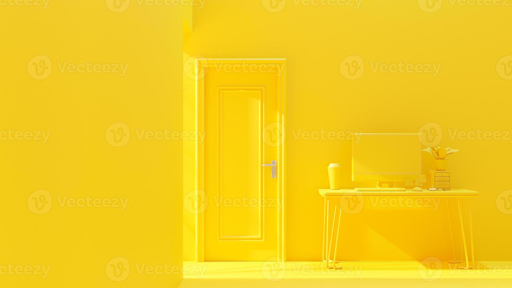 Minimal concept, computer on table Work desk yellow color beside the door. Light from the side creates high contrast. Space for banner and logo background. 3D Render. photo