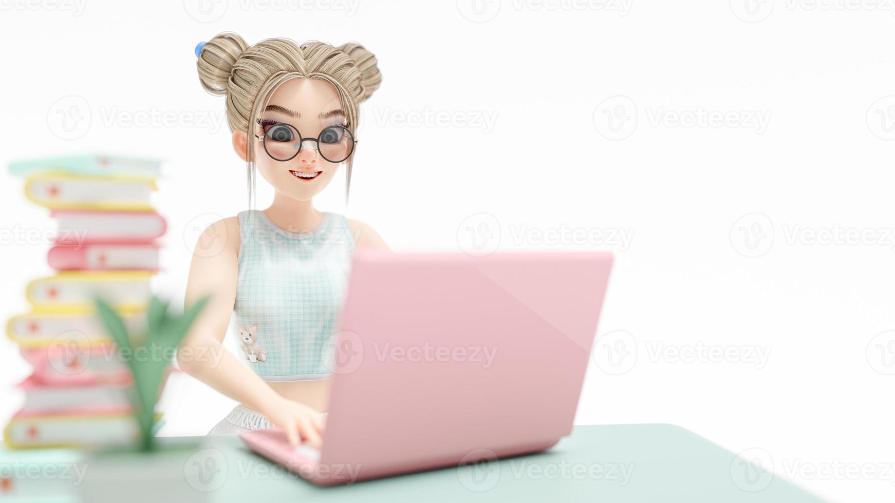 mujer joven feliz sentada en la silla. disfruta estudiando, aprendiendo e investigando información de la computadora. la computadora portátil rosa se coloca en el escritorio. personaje de dibujos animados, representación 3d foto