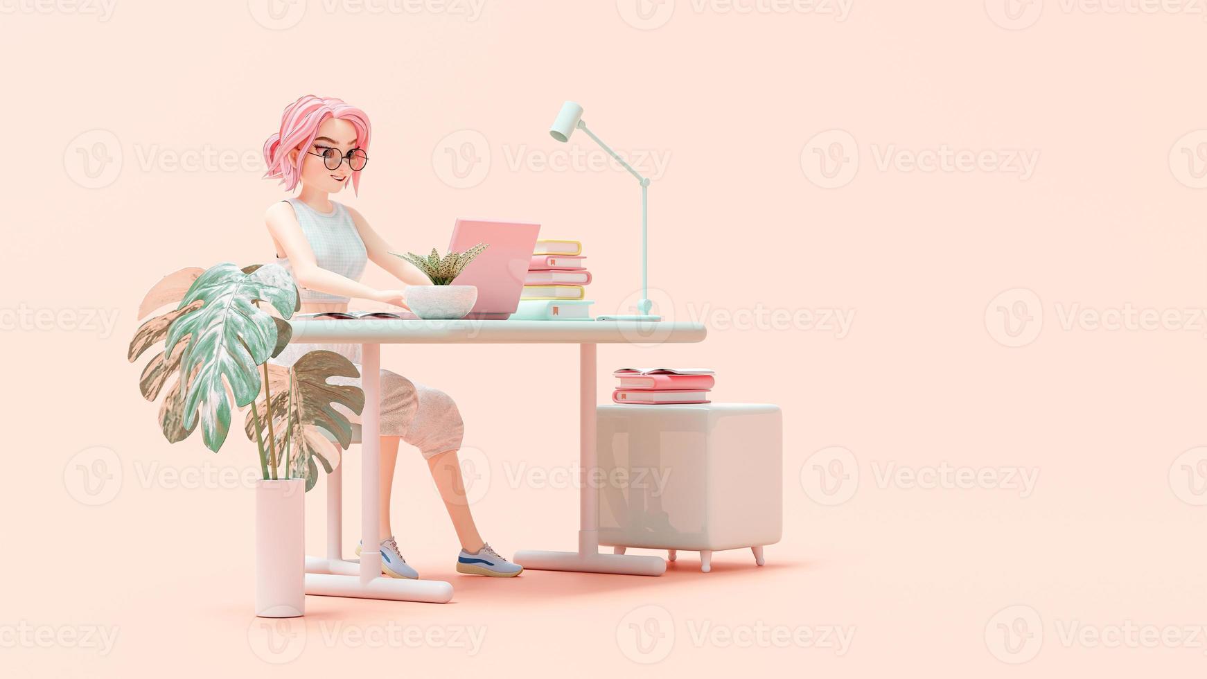 mujer joven feliz sentada en la silla. disfruta estudiando, aprendiendo e investigando información de la computadora. la computadora portátil rosa se coloca en el escritorio. personaje de dibujos animados, representación 3d foto