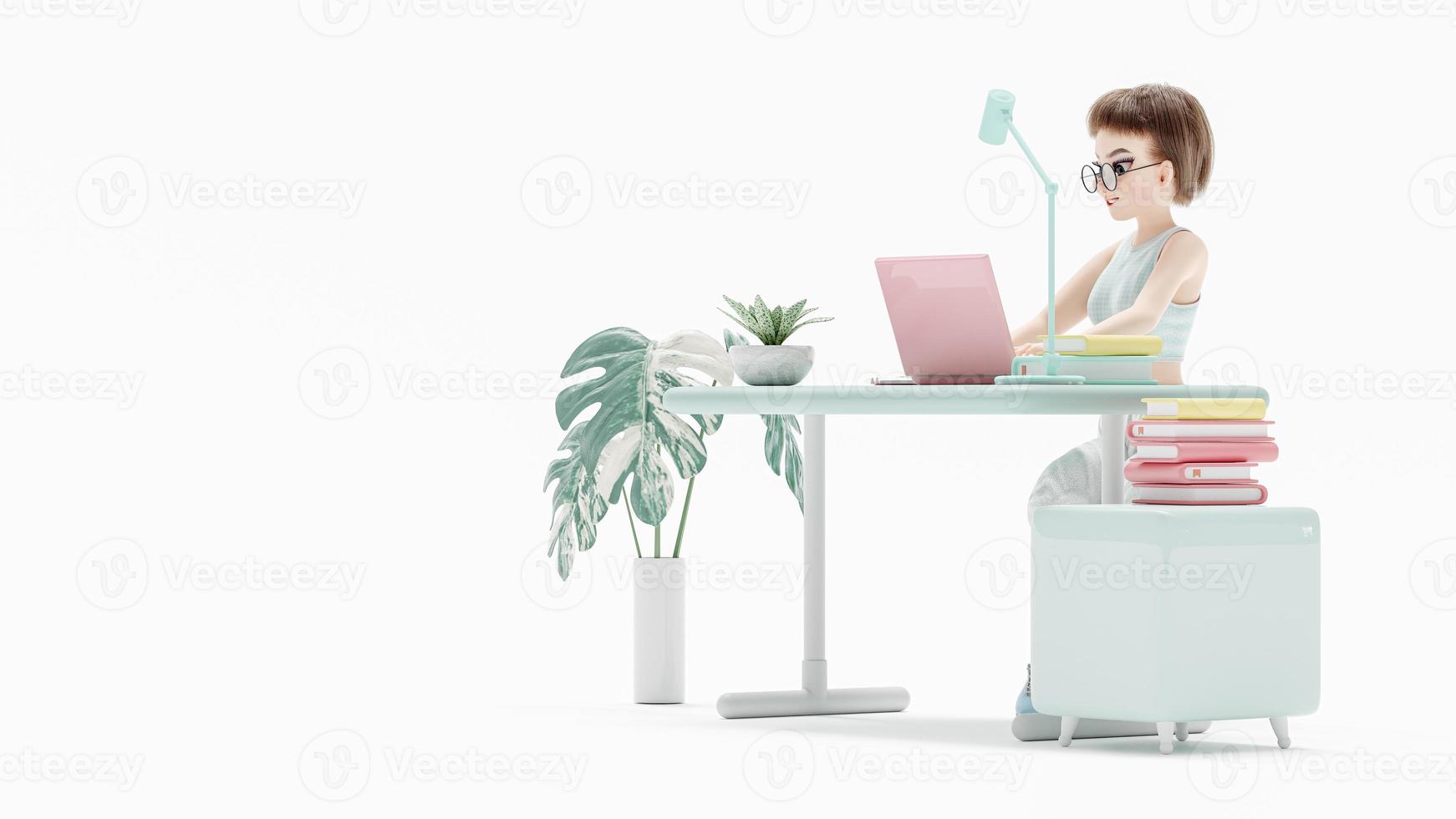 mujer joven feliz sentada en la silla. disfruta estudiando, aprendiendo e investigando información de la computadora. la computadora portátil rosa se coloca en el escritorio. personaje de dibujos animados, representación 3d foto