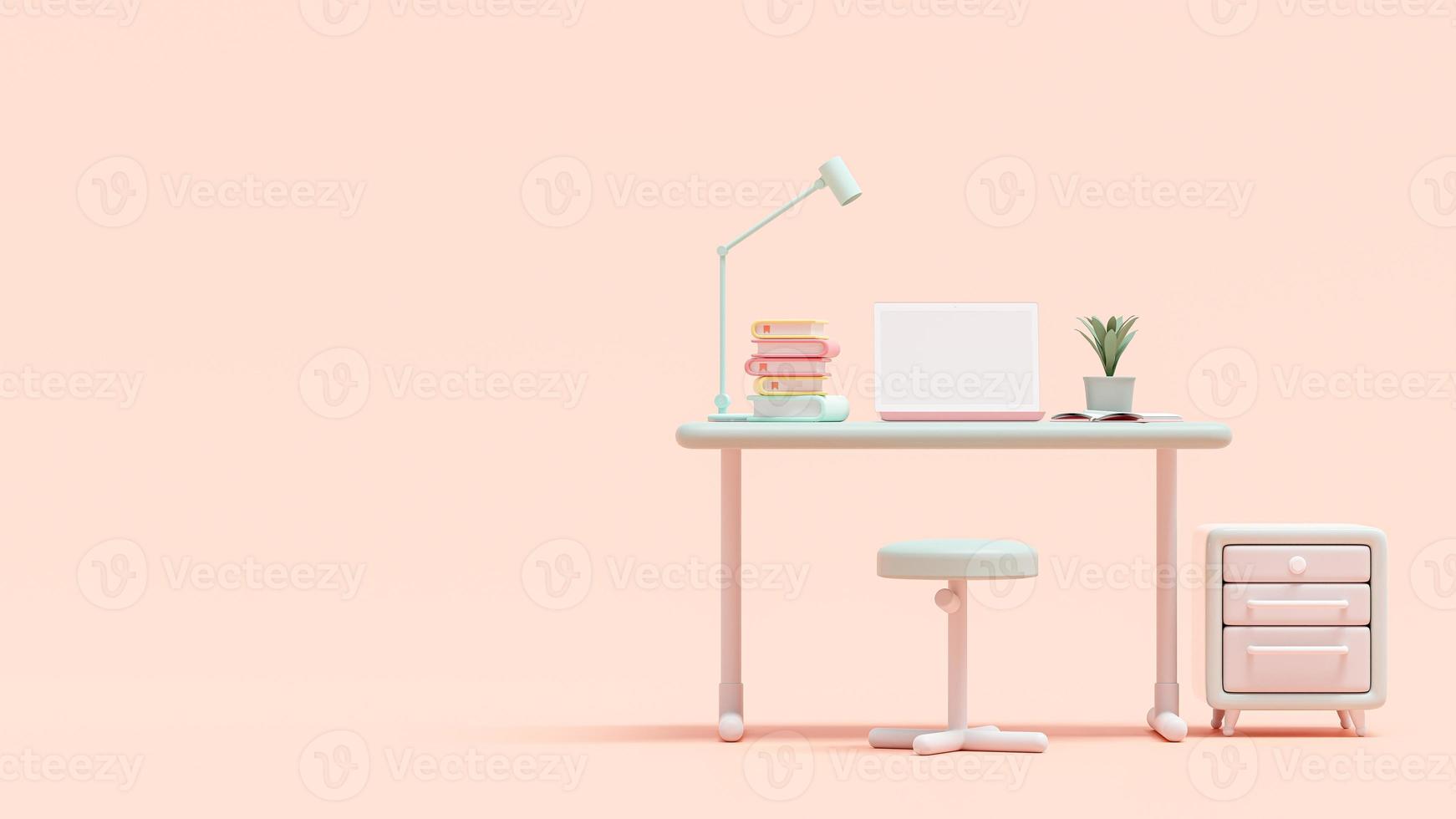 computadora portátil rosa en un escritorio verde con estantes de almacenamiento colocados a un lado. espacio para banner y fondo de logotipo. diseñado en tonos pastel, render 3d. foto