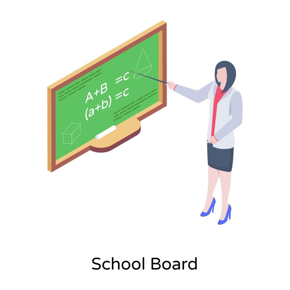 Teacher in class presenting lecture, isometric vector of school board