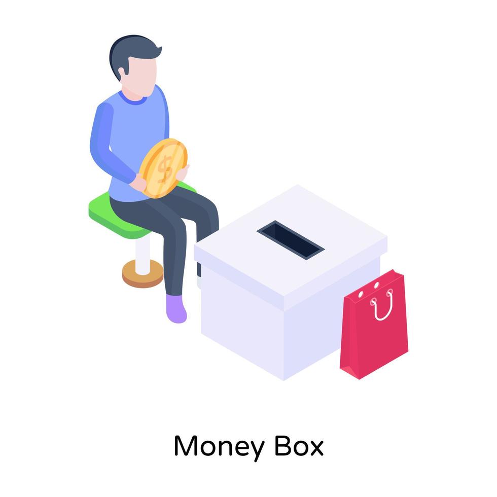 Coins box with shopping bag, money box isometric illustration vector