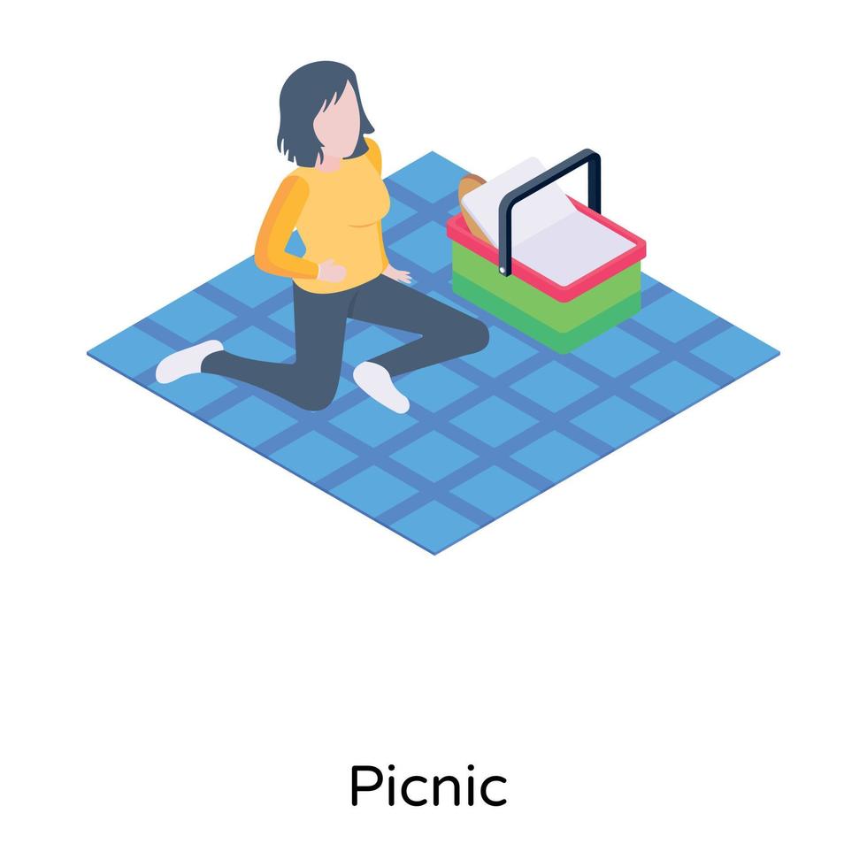 Girl enjoying outside, isometric icon of picnic vector
