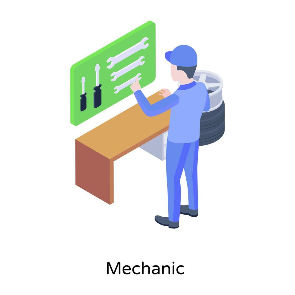 Person working with tools, isometric icon of mechanic vector