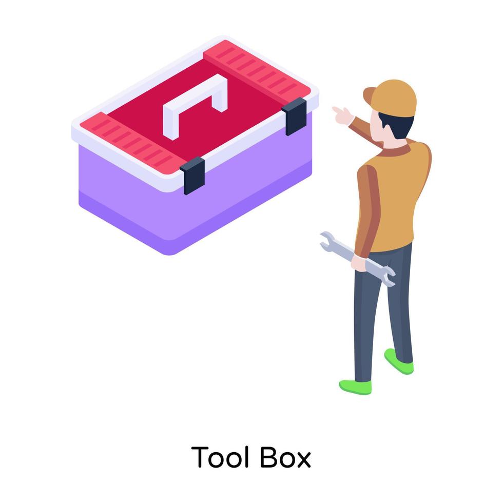 persona con llave inglesa y caja de herramientas, icono isométrico vector