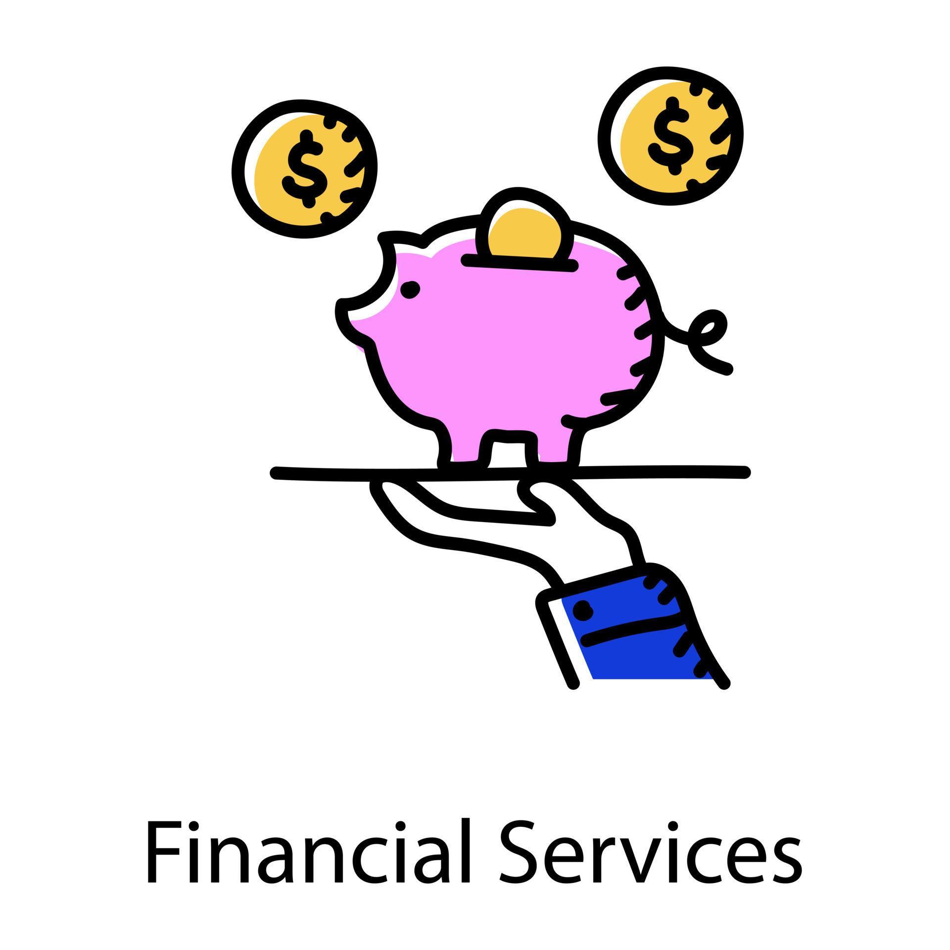 Hand with piggy money box denoting doodle icon of financial services