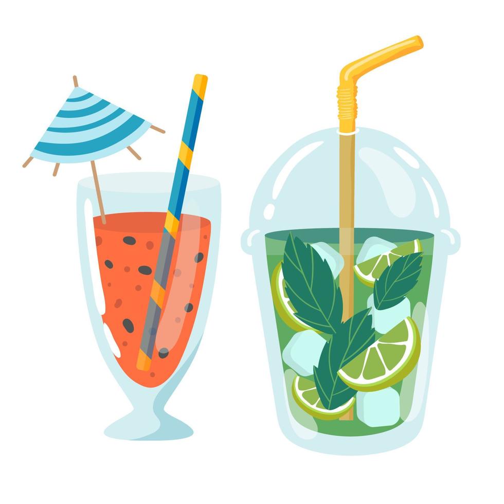 Vector set of cocktails party umbrella and Mojito. illustration of cocktails. Hand drawn flat isplated on white